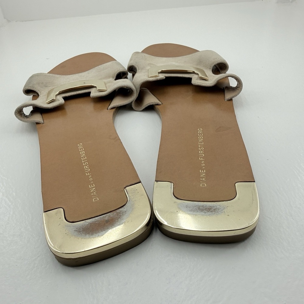Diane von Furstenberg Tan Brown Suede Leather Flat Slide Sandals Women's Size 10 - Picture 5 of 9